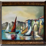 A03. Sailboats in harbor painting signed ”H. Larsons. Oil on canvas. Frame: 20”h x 24”w
